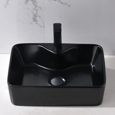 Matte Black 16 By 12 Inch Vessel Sink And Faucet Combo For Above Counter Vanity With Modern Square Rectangle Basin Porcelain Ceramic Durable Construction Includes Pop Up Drain