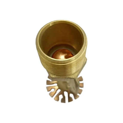 Heavy Duty UL FM Approved Upright Fire Sprinkler With Sleek Glass Bulb Trigger showing brass head and trigger mechanism.