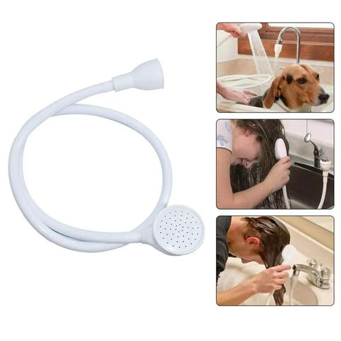 Portable Sink Spray Hose With Faucet Sprayer Handheld Shower Head For Bathing Babies And Pets Hair Washing And Rinsing Vegetables 43 Inch Long Durable Plastic Hose Easy Clamp Mount shown with uses