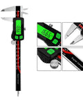 Rechargeable Stainless Steel Digital Caliper Large Green Backlight with high-contrast display showing measurements.