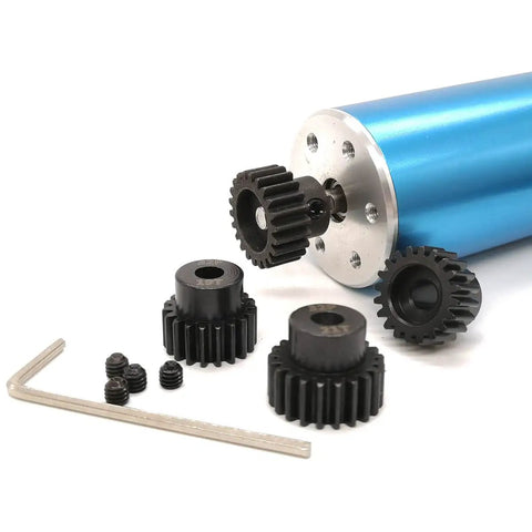 Close-up of 32P Pinion Gear Set 5Mm 32 Pitch 19T 20T 21T 22T RC Parts with metal pinions and hex key, for RC cars and trucks.