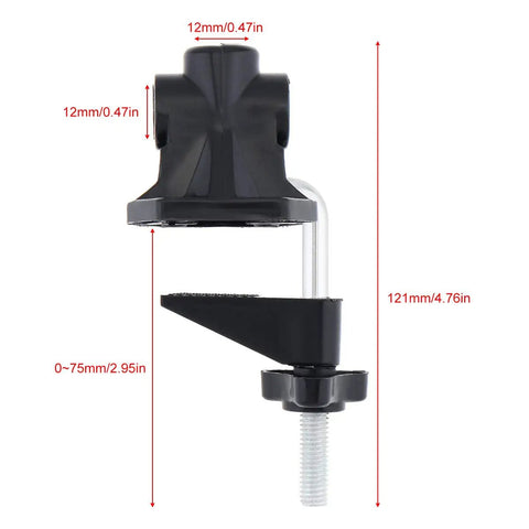 Universal Desk Clamp Mount Bracket for Mic Stands and Table Lamps, showing dimensions and aluminum alloy C clamp design