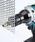 Dead Simple Cordless Electric Rivet Nut Gun Kit Featuring Automatic Push Button Operation For Rapid Hardware Assembly Including Dual Rechargeable Batteries And Pro Grade Workhorse Tool with metal sheet attachment.