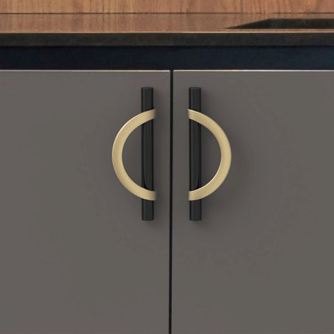 Six Pack Matte Black And Gold Half Moon Cabinet Pulls Three And Three Quarters Inch Hole Centers 96mm Drawer Handles installed