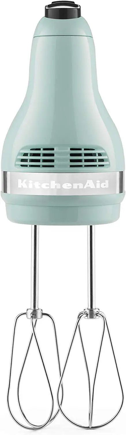 Heavy Duty 5 Speed Hand Mixer In Ice Blue Certified Renewed With 36 Inch Cord For No Sweat Baking Whip Cream Like A Champ showing stainless steel beaters.