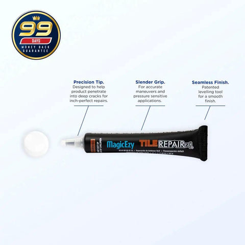 Tile Repair Filler For Ceramic Porcelain Acrylic Fiberglass And Enamel, Super Strong Adhesion tube beside labeled features