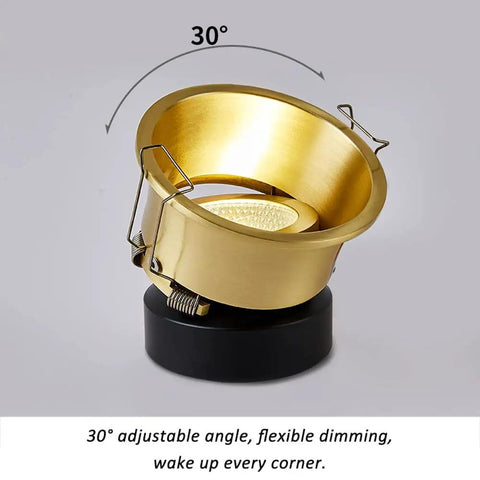 Six Pack Adjustable Recessed Can Lights With Nice Brass Trim And No Sweat Install 3 Inch Eyeball Downlights, 30 degree adjustable angle.