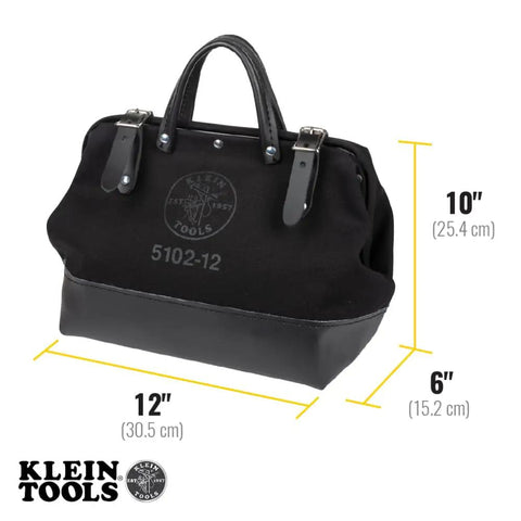 Heavy Duty Black Canvas Tool Bag With Wide Mouth Opening Leather Handles 12 Inch Tool Tote Multi Purpose Carryall For Tools Riveted Frame Vinyl Bottom For Durability