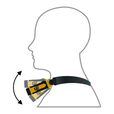 Profile drawing wearing Rechargeable LED Neck Light Hands Free Work Light For Mechanics Campers Hunters And DIY Fans Rugged Water Resistant Neck Light With Nine Hours Runtime Per Charge USB Cable Included And Four Brightness Modes For Reading And Projects showing adjustable angle
