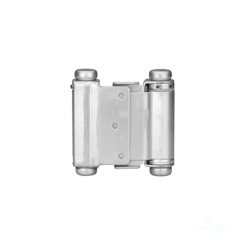 Double Action Steel Spring Hinge Satin Chrome Value Pack for Doors Two Way Swing Fits Three Quarter to One and Three Eighths Inch Thick Doors Includes Twelve Wood Screws Safe Fifteen Pounds Per Hinge, image showing hinge details