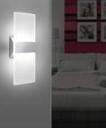 Wall-mounted Set Of 2 Sleek Modern LED Wall Sconces 12W Cool White Light in bedroom, acrylic and aluminum design.
