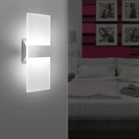Wall-mounted Set Of 2 Sleek Modern LED Wall Sconces 12W Cool White Light in bedroom, acrylic and aluminum design.