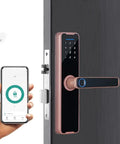 Smart Electronic Fingerprint Door Lock Sporting A Heavy Duty Stainless Steel Latch And App Driven Keyless Entry For Wooden Gates with smartphone app.