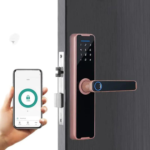 Slick Smart Door Lock With Biometric Fingerprint Scanner, No Sweat Password And Phone App Control on a wooden door with smartphone access.