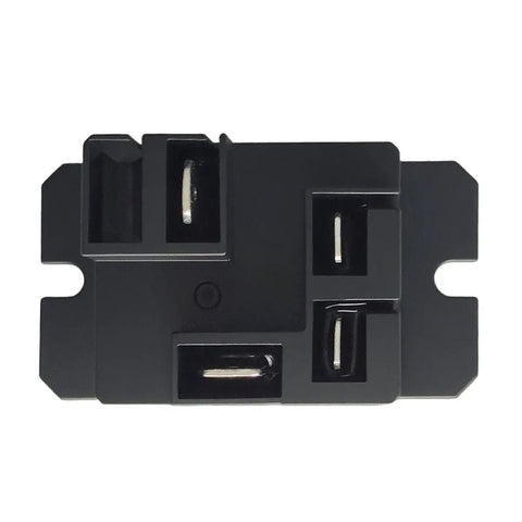 Top view of Beefy 12VDC Power Relay With Quick Connect Terminals, 30A SPST NO, Panel Mount, black rectangular casing with connectors