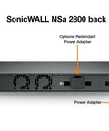 SonicWall NSa 2800 back view with power adapter and redundant power feature. Straight Up Heavy Lifter Eight Gbps Next Gen Firewall Appliance Hardware Unit Serving Six Gbps Threat Prevention Plus Five Point Five Gbps Ipsec Vpn Ready For Serious Business Network Defense Without Subs Baggage.