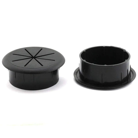 Flexible Desk Cord Grommet Pair Black Wire Organizer Hole Covers for managing PC desktop cables on a white background