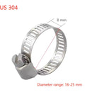 Stainless steel hose clamp with diameter range 16-25mm and SUS 304 specification