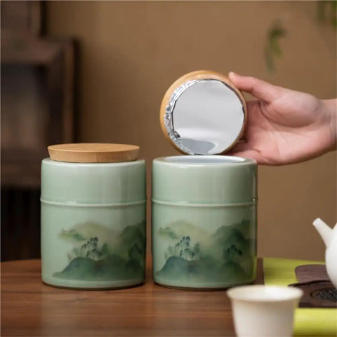 Keep Your Pantry Stash Locked Tight With These Premium Sealed Ceramic Storage Jars Perfect For Loose Tea Coffee Beans And Spices Smooth Airtight Double Jar Gift Set showing two green ceramic jars with bamboo lids.