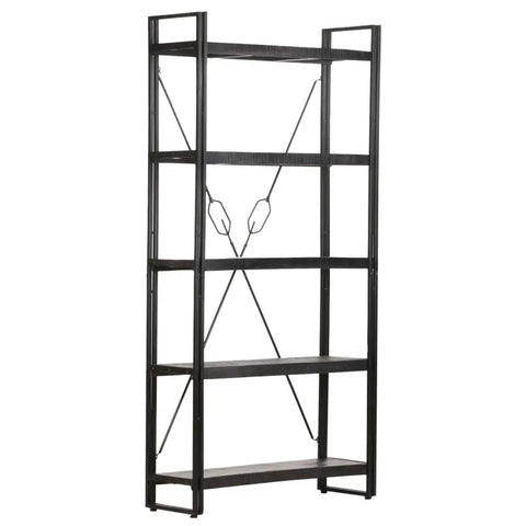Industrial Five Tier Bookcase With Solid Mango Wood Shelves And Black Powder Coated Steel Frame Seventy Point Nine Inches Tall