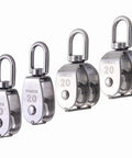 4 Pack M20 Pulley Block Set With 2 Single Pulleys And 2 Double Pulleys, Stainless Steel, Built Tough, Rust And Corrosion Resistant, 360 Degree Rotating, Rugged Shockproof Hardware For Heavy Duty Lifting And Rigging, four stainless steel M20 pulleys