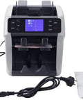 Top Shelf Dual Pocket Money Counter Machine With Fully Legit Counterfeit Detection And Smooth Mixed Denomination Sorting For Every Stack Of Cash Bills In Retail, front view with accessories.