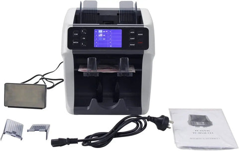 Top Shelf Dual Pocket Money Counter Machine With Fully Legit Counterfeit Detection And Smooth Mixed Denomination Sorting For Every Stack Of Cash Bills In Retail, front view with accessories.