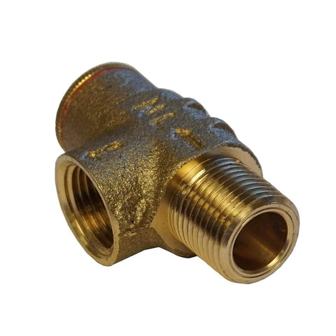 Brass pressure-relief valve body, 1/2 in MNPT x 1/2 in FNPT, side view