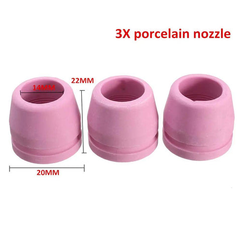 3 porcelain nozzles from 26Pcs PL60 Plasma Torch Accessories Kit For LTP5000 And LTPDC2000 with dimensions in millimeters