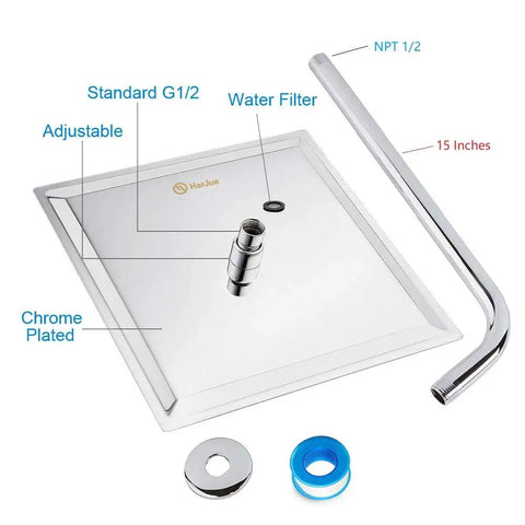 12 Inch Rain Shower Head With 15 Inch Extension Arm Chrome Finish, Stainless Steel Build, components labeled