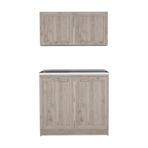 Premium Super Slick Two Piece Cabinet Set In Crisp Light Gray, Tall And Low Storage Combo With Countertops, Solid Setup For Modern Living Rooms And Home Offices That Brings Real Style Vibes, featuring twin cabinets 30.8H x 39.3W inches.