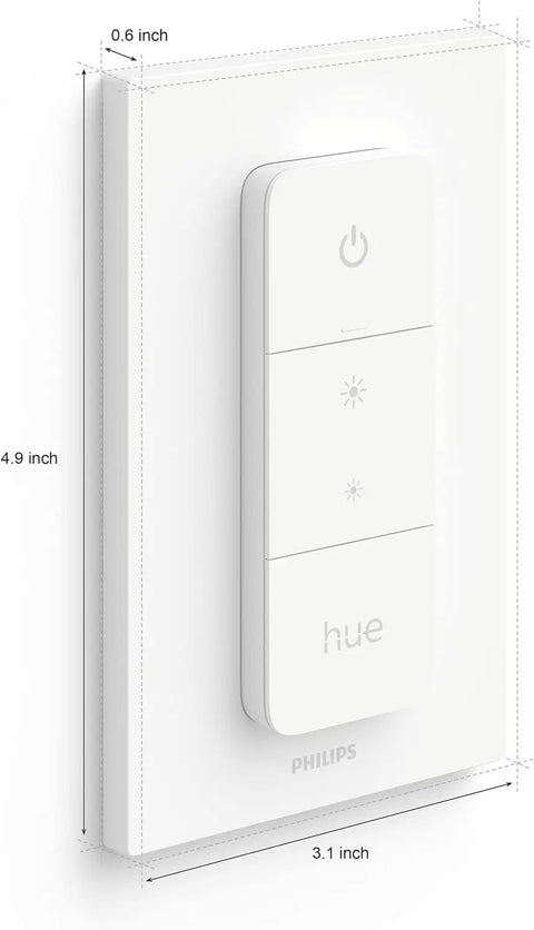 Hue Smart Dimmer Switch Remote White 1 Pack Turns Lights On Off Dim Brighten No Wiring Needed, side view with dimensions