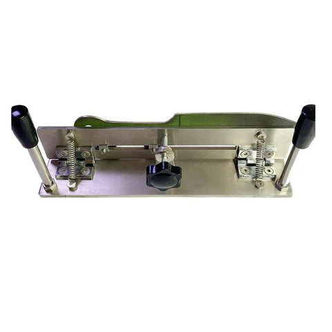 Pro Grade Knife Sharpening Jig For Belt Grinders And Sander, stainless steel dual arm grips visible from top angle