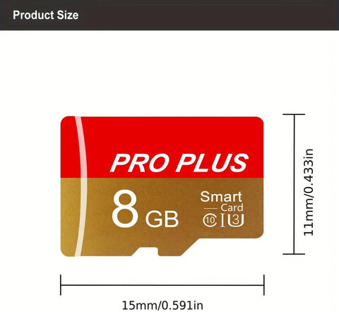 8GB TF Card With Adapter, High Speed UHS-I C10 A1 Micro SD Memory Card with dimensions, 15mm by 11mm, red and gold design.