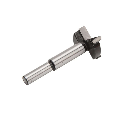 Side view of a 35mm hinge boring jig for woodworking with cutter and 1/16 in bit; metal shaft, black head.