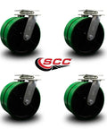 Heavy Duty Swivel Caster Set Of Four With Dual Eight Inch Green Polyurethane On Cast Iron Wheels 5000 Lbs Total Capacity