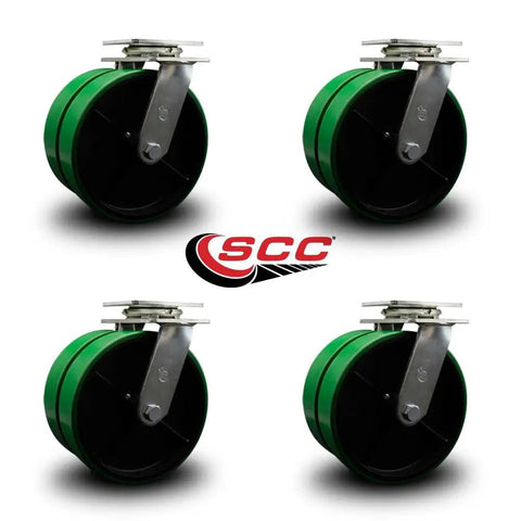Heavy Duty Swivel Caster Set Of Four With Dual Eight Inch Green Polyurethane On Cast Iron Wheels 5000 Lbs Total Capacity
