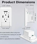 Dimensions of Super Handy Wall Outlet With Night Light Attached, 15 Amp USB Receptacle with precise measurements shown.