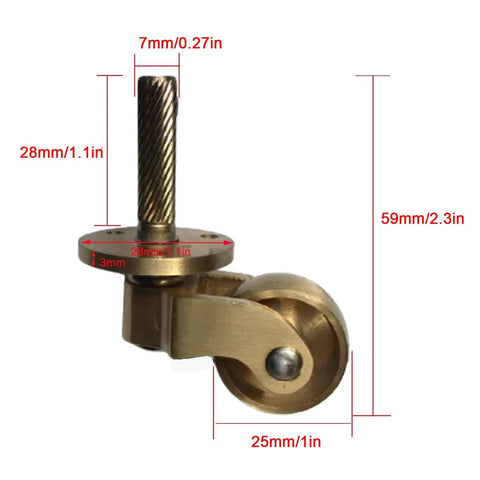 Retro Polished Brass Furniture Casters 25Millimeter Swivel Wheel Rollers For Kitchen Cupboards And Cabinets, showing detailed measurements.