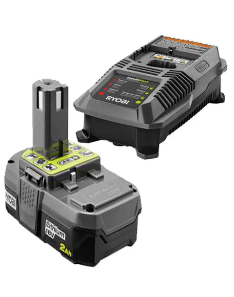 One Plus 90 MPH 200 CFM Cordless Leaf Blower 18V battery and charger shown for quick cleanups on hard surfaces.