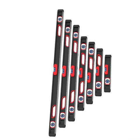 High Precision Aluminum Alloy Level with Exposed Magnets, set of various sizes displayed for construction use.