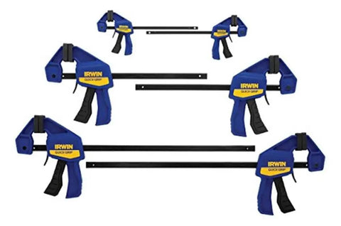 One Handed Mini Bar Clamps 6 Pack For Woodworking Quick Release Non Marring Pads in various sizes displayed
