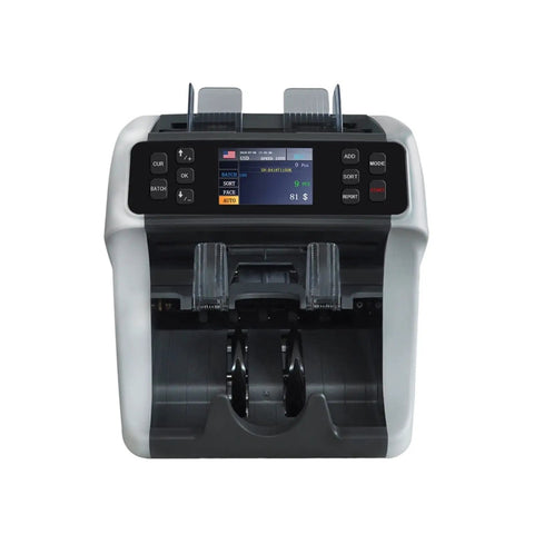 Heavy Duty Mixed Denomination Money Counter Machine With Rock Solid Uv Mg Ir Counterfeit Detection And Hassle Free Automatic Serial Tracking For Busy Banks And Retailers front view showing digital display and cash slot.