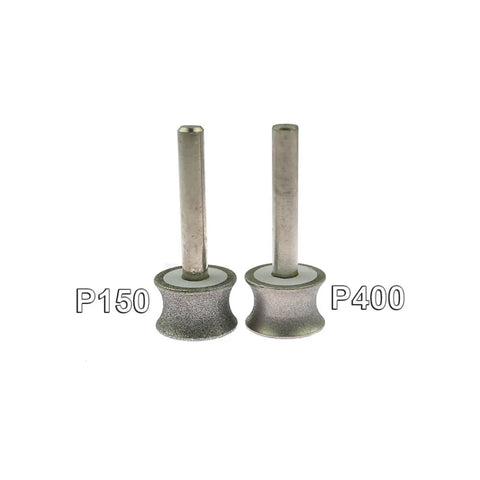 Top Notch Concave Diamond Grinding Wheel With 20mm Diameter And 6mm Shank Designed For Rotary Tools Featuring Tough Emerald Grit For Fast Shaping Or Smoothing Metal Jobs Like A Boss At 150 Or 400 Grit. P150 and P400 diamond grinding wheels side by side.