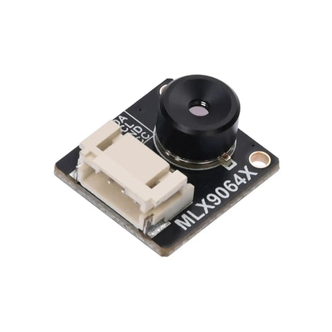 Thermal Imaging Camera MLX90640-D110 32x24 IR Array With I2C Interface, compact module, black lens, connector, top view.