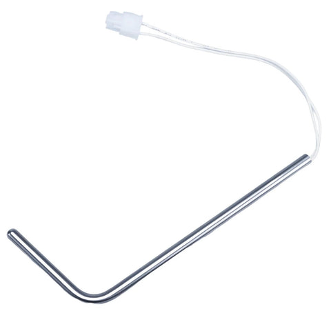 Ice maker temperature sensor with stainless steel L-shaped probe and white two-wire lead