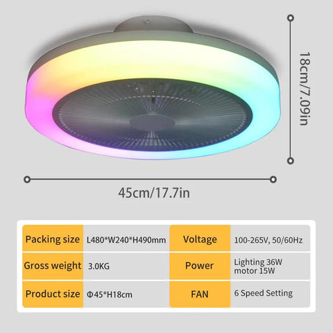 Enclosed Ceiling Fan With Light And Bluetooth Speaker Low Profile 18.1 Inch App Control For Dimming RGB Color Change Copper Motor