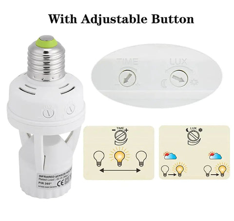 Auto On Off PIR Motion Sensor Light Socket For E27 Bulbs With 360 Degree Detection And Adjustable Sensitivity Infrared Lamp Holder, white plastic