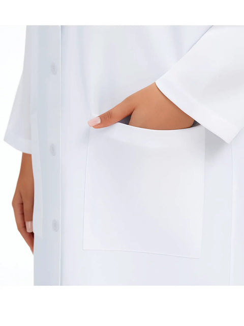 Close-up of hand in pocket of Three Pocket Women's Lab Coat With Long Sleeves White Medical Coat Relaxed Fit Size M