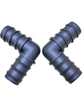 Two barbed elbow fittings from Large Size 10 Piece Drip Irrigation Barbed Elbow Fittings Kit For 1 Inch Tubing 25mm OD 0.75 Inch ID Easy Install Leak Free Connectors For Garden Farm Sprinkler System